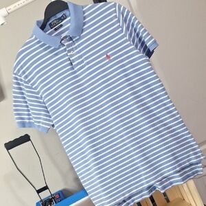 Blue and White Striped Polo Shirt